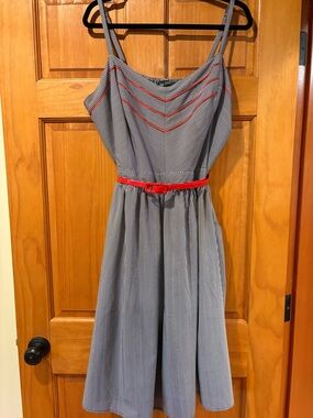 City Chic Black and White Striped Midi Dress with Red Belt